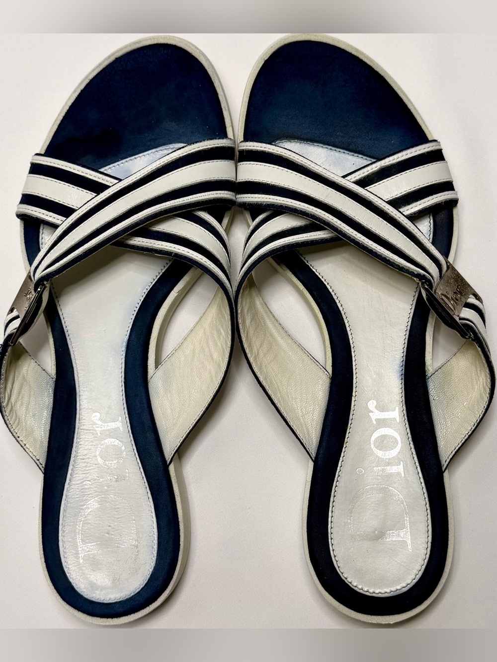 Christian Dior Galliano Vintage Navy White Stripe Leather Slide Sandals EU 37.5